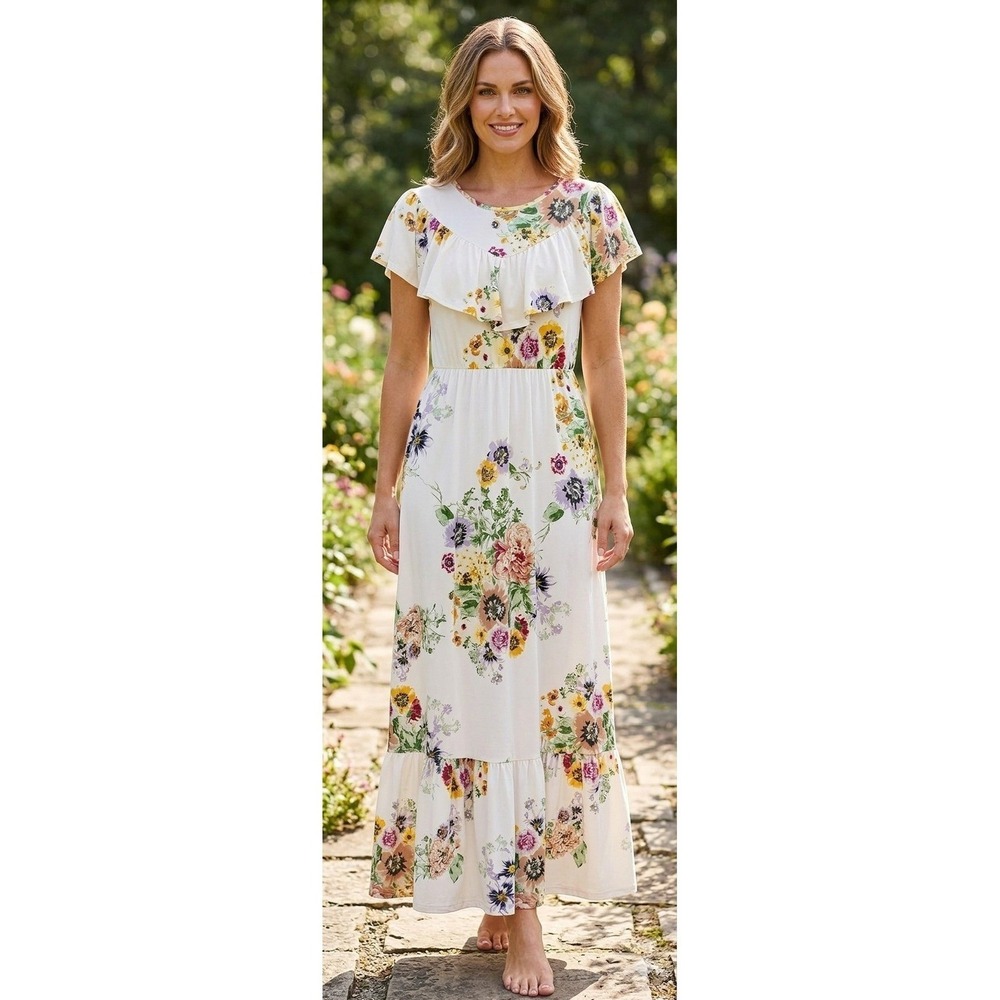 Reborn J Maxi Dress M Cottagecore Boho Floral Ruffle Tiered Prairie Summer Cute